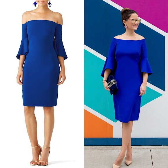 LAUNDRY SHELLI SEGAL Cobalt Crepe Off Shoulder Flare Bell Sleeve Sheath Dress 8 - Picture 1 of 8